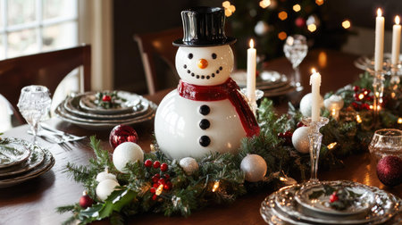 A snowman centerpiece on a dining table adorned with festive plates, candles, and holiday greenery.の素材