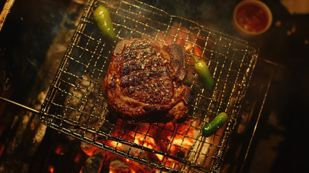 A top-down view of a beef steak on a wire grill, surrounded by vegetables and glowing coals.の素材