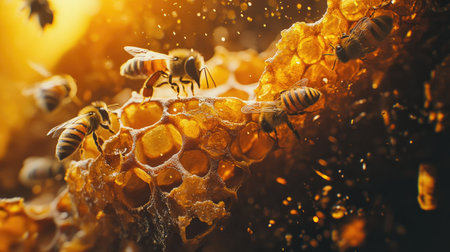 A stunning macro shot of honeybees extracting nectar from deep honeycomb cells.の素材