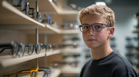 A teenager selecting frames after completing an eye test, with shelves of glasses behind them.の素材