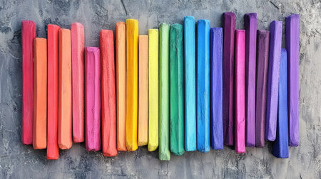 A vibrant collection of chalk pastels arranged in a rainbow gradient on a textured surface.の素材