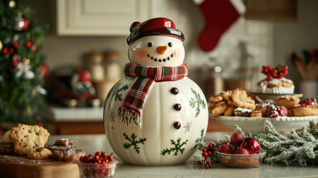 A snowman cookie jar on a kitchen counter, surrounded by holiday treats and festive kitchen dcor.の素材