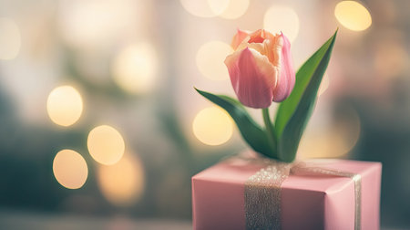 A small pink gift box topped with a single fresh tulip, with soft bokeh in the background.の素材