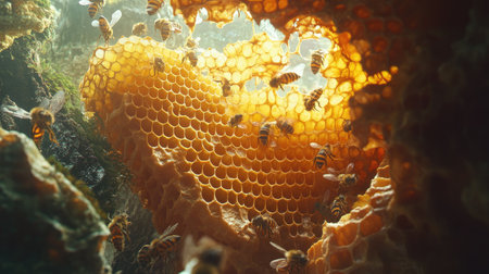 A vibrant golden honeycomb with active bees moving between cells, framed by the hive.の素材