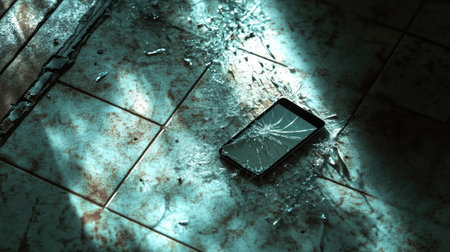 A smartphone with a cracked screen lying face down on a tile floor, surrounded by tiny glass shards.の素材