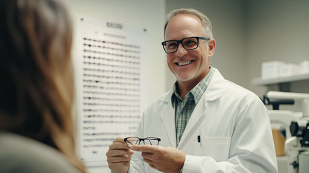 A smiling optometrist handing a pair of glasses to a patient, with a large eye chart on the wall.の素材