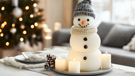 A snowman centerpiece made of stacked white candles, decorated with a scarf and small hat for a festive touch.の素材
