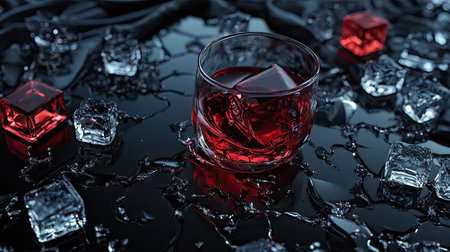 A spilled drink surrounded by broken glass on a glossy black table, with ice cubes melting nearby.の素材