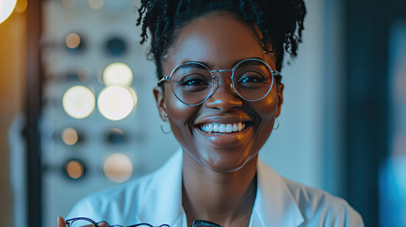 A smiling optometrist holding trial lens frames, with the eye chart blurred in the background.の素材