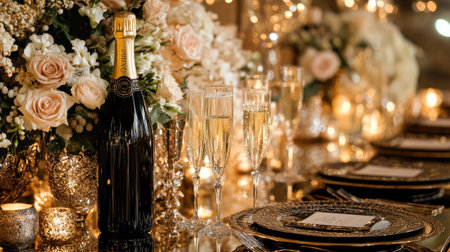 A sophisticated indoor celebration as champagne is uncorked over a candlelit dinner table.の素材