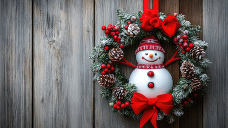 A snowman-shaped Christmas wreath hanging on a rustic wooden door, decorated with red ribbons and pinecones.の素材