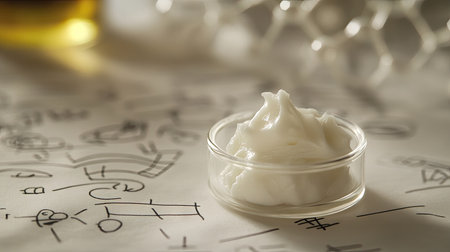 A small white spot of cream on a glass surface, with chemical formulas drawn faintly in the background.の素材