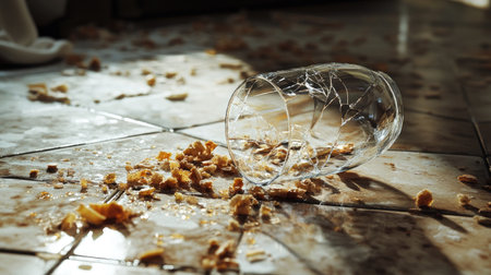 A transparent drinking glass shattered on a kitchen tile floor, surrounded by breadcrumbs or food scraps.の素材