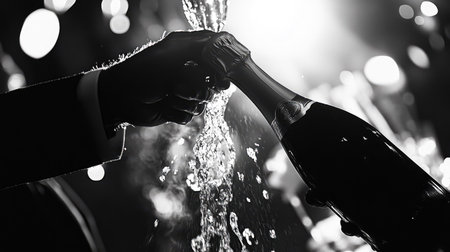 A stylish monochrome photo of champagne being uncorked at an elegant gala event.の素材