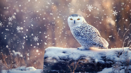 A snowy owl perched on a frosty log in a winter landscape, surrounded by falling snowflakes.の素材
