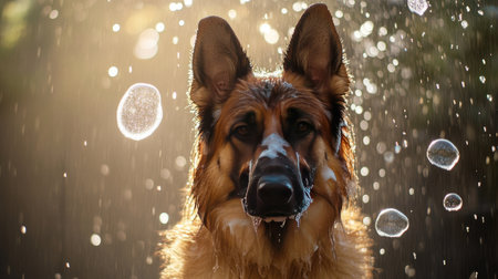 A wet German shepherd standing under a gentle shower stream, soap bubbles clinging to its coat.の素材