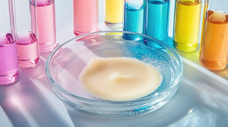 A transparent glass dish holding a single cream spot, with test tubes filled with colorful solutions nearby.の素材