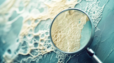 A textured cream spot on glass, under analysis with a magnifying glass in a professional laboratory setting.の素材