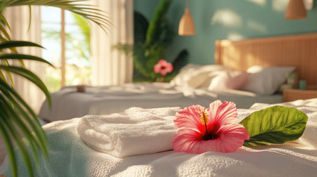 A tropical-themed bedroom with towels, hibiscus flowers, and palm leaves creating a fresh vibe.の素材