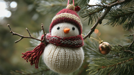 A whimsical snowman ornament with a knitted hat and scarf, perched on a branch of a Christmas tree.の素材