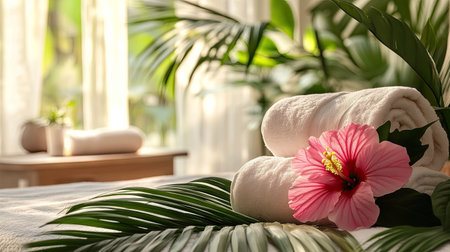 A tropical-themed bedroom with towels, hibiscus flowers, and palm leaves creating a fresh vibe.の素材