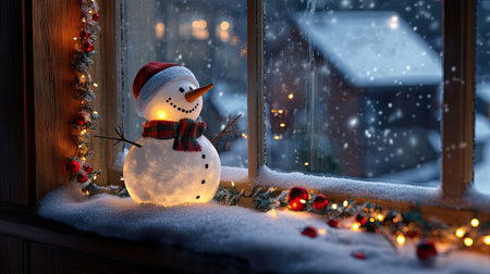 A snowman figurine glowing with LED lights, placed on a snowy windowsill decorated with Christmas garlands.の素材