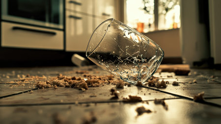 A transparent drinking glass shattered on a kitchen tile floor, surrounded by breadcrumbs or food scraps.の素材
