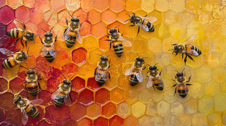 A vibrant hive scene with honeybees clustering on a richly colored honeycomb.の素材
