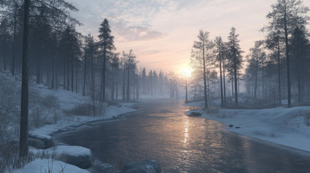 A winter forest at dusk, with a river shimmering under the soft light of the setting sun.の素材