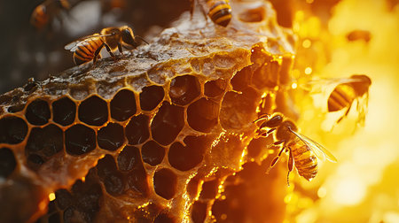 A stunning macro shot of honeybees extracting nectar from deep honeycomb cells.の素材