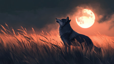 A wolf standing in a field of tall grass, howling as the moon rises over the horizon.の素材