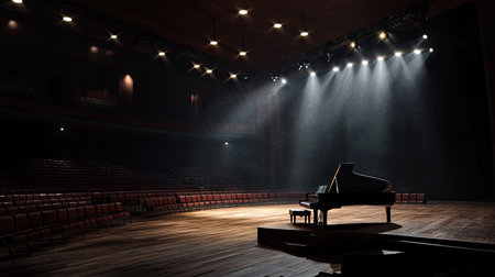 A wide view of a concert hall with a grand piano illuminated under stage lights, the empty seats stretching out into darkness.の素材