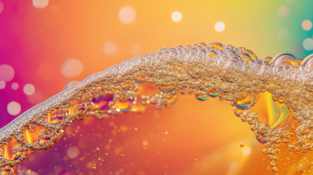 A vivid close-up of champagne bubbles and foam flowing over the bottle neck, against a vibrant background.の素材