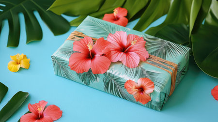 A tropical-themed gift box wrapped in bright colors, featuring fresh hibiscus flowers and palm leaves.の素材