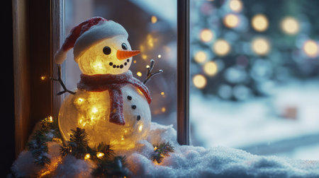 A snowman figurine glowing with LED lights, placed on a snowy windowsill decorated with Christmas garlands.の素材