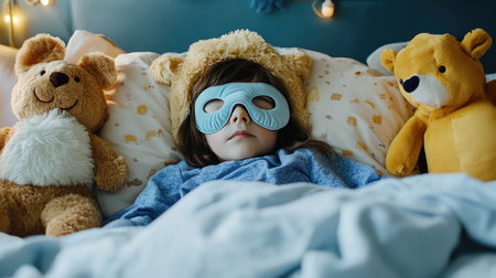 A fun animal-shaped eye mask resting on a child's bed, styled with plush toysの素材