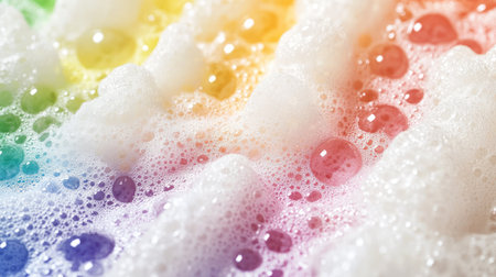 A macro shot of white foam bubbles reflecting light, forming a rainbow effectの素材