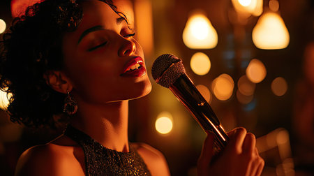 A jazz singer performing in an intimate club, holding a microphone and surrounded by warm, ambient lightingの素材