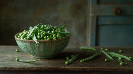 A rustic wooden table with a ceramic bowl filled with fresh green organic peas, surrounded by pea podsの素材