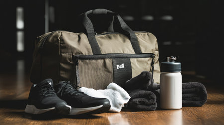 A gym bag with a whey protein container, shaker, towel, and workout shoes spilling outの素材