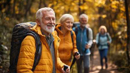 A group of seniors hiking on a forest trail, one of them using a walking stick for balanceの素材