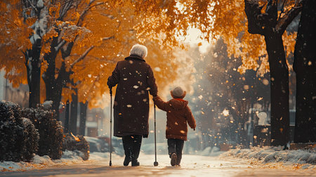 A heartwarming scene of an elderly woman being assisted by a child as she walks with her caneの素材