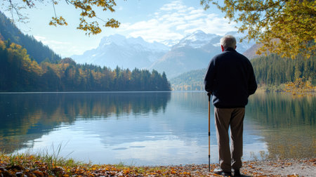 A senior man leaning on his walking stick while enjoying the view of a scenic lakeの素材