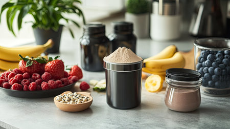 A healthy breakfast setup featuring whey protein powder, a shaker, and fresh fruit on a tableの素材