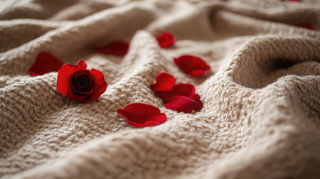 A romantic setting with rose petals scattered over a wrinkled blanketの素材