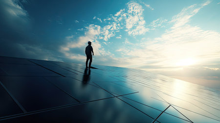 A lone worker adjusting the tilt of solar panels on an industrial site for maximum sunlightの素材