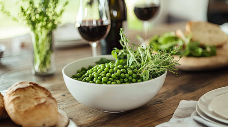 A modern dining table setup with a bowl of organic peas as the centerpiece, complemented by a salad and breadの素材