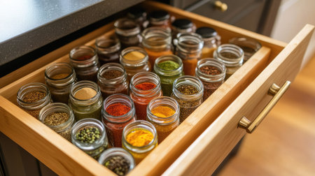 A kitchen cabinet drawer partially open, showcasing an array of spice jars in perfect orderの素材