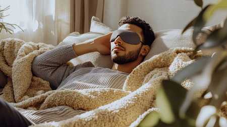 A man relaxing on a couch, wearing a contoured eye mask, surrounded by soft throw blanketsの素材