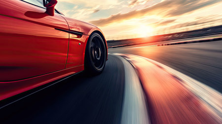 A luxury sports car cornering on a racetrack at dusk, motion blur enhancing the sense of speedの素材